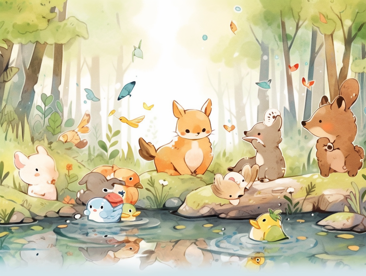 Cute forest animals at pond