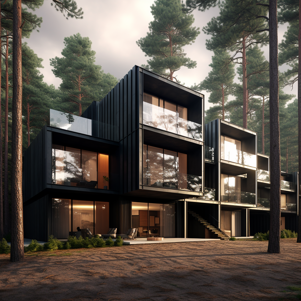 Black Wood Apartment Building in Pine Forest