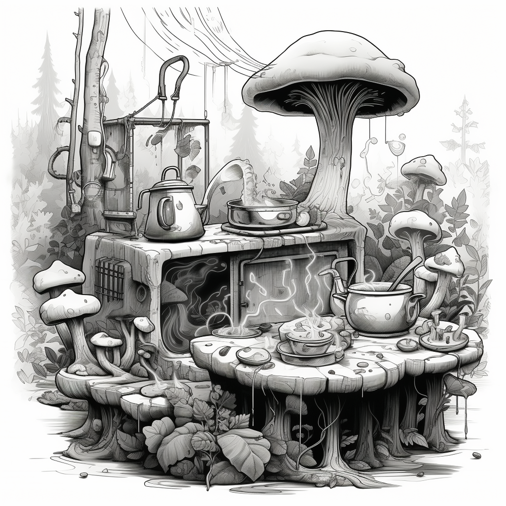 Black and white sketch of cooking in the forest