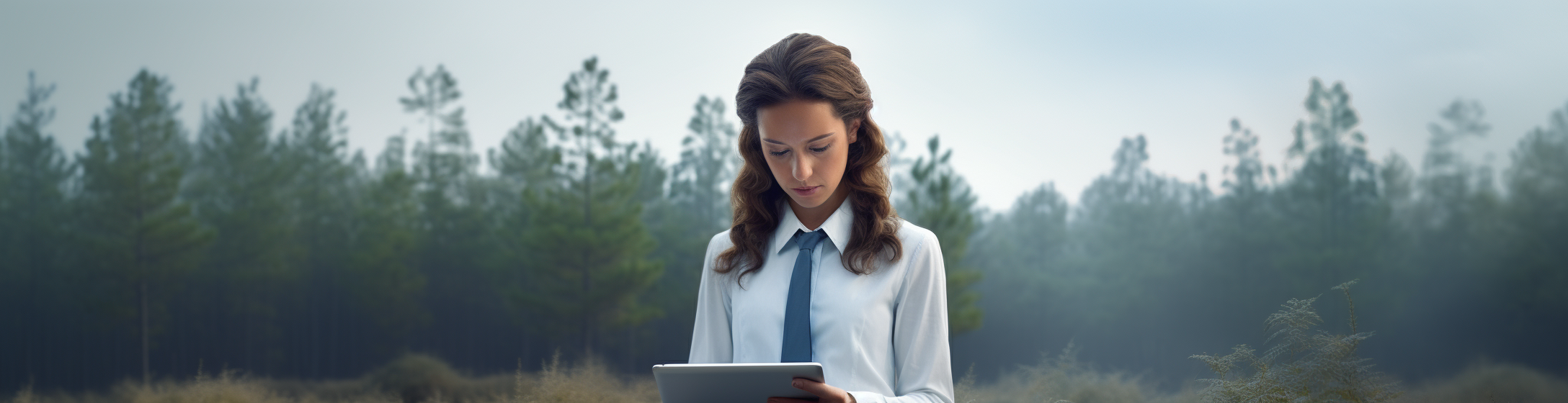 Image of a young woman forest engineer with a tablet