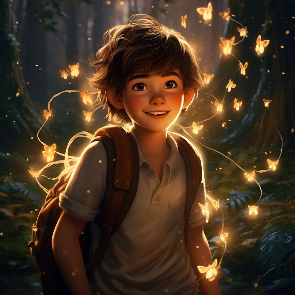 Pixar-style boy with forest fairies