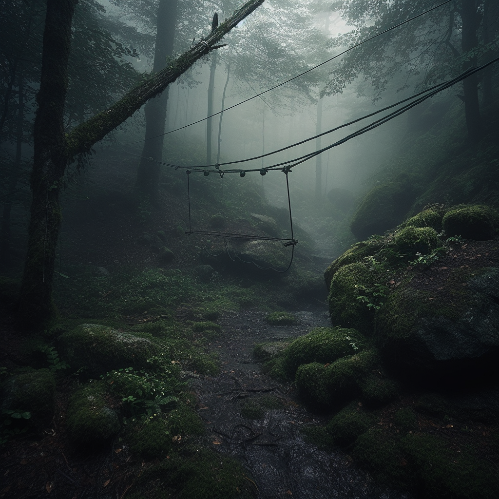 Mysterious forest ropeswing in thick fog