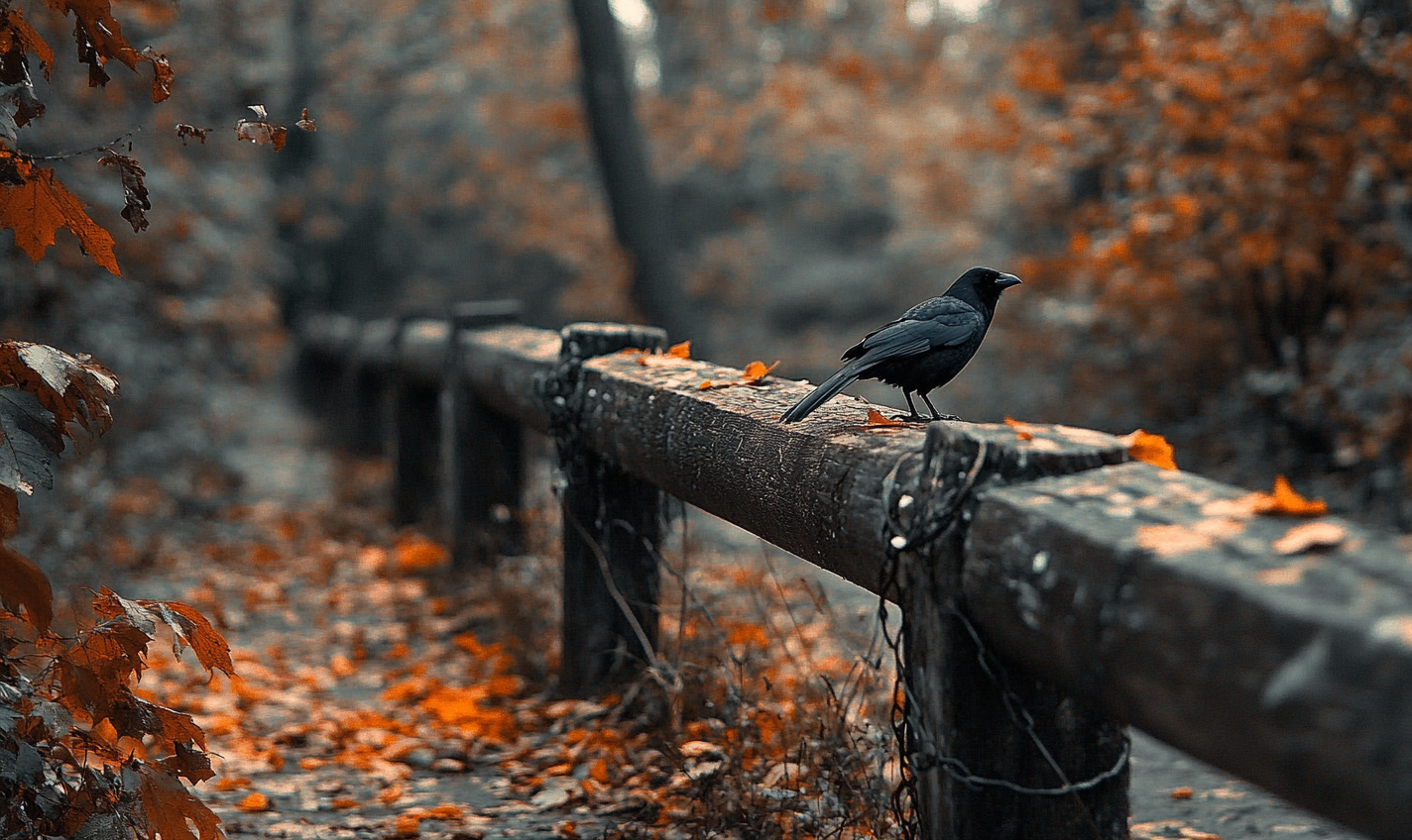 Handrail Crow Rain Leaves Downhill Park