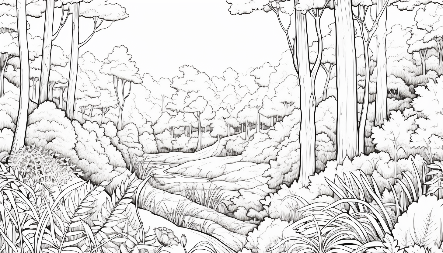 Thick line drawing of a forest with herbs