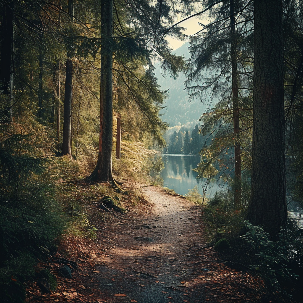 Forest trail with lake in cinematic lighting