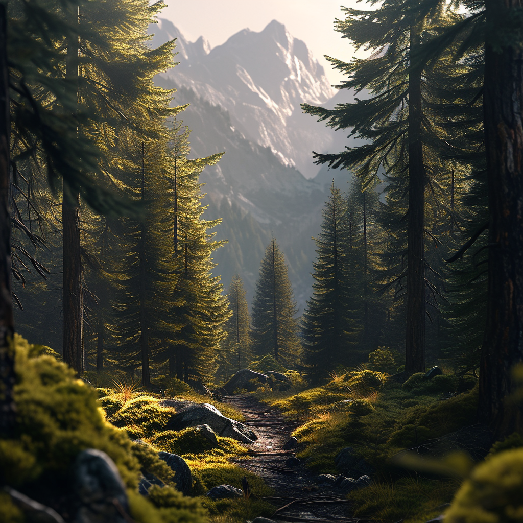 Forest landscape with trail and mountains