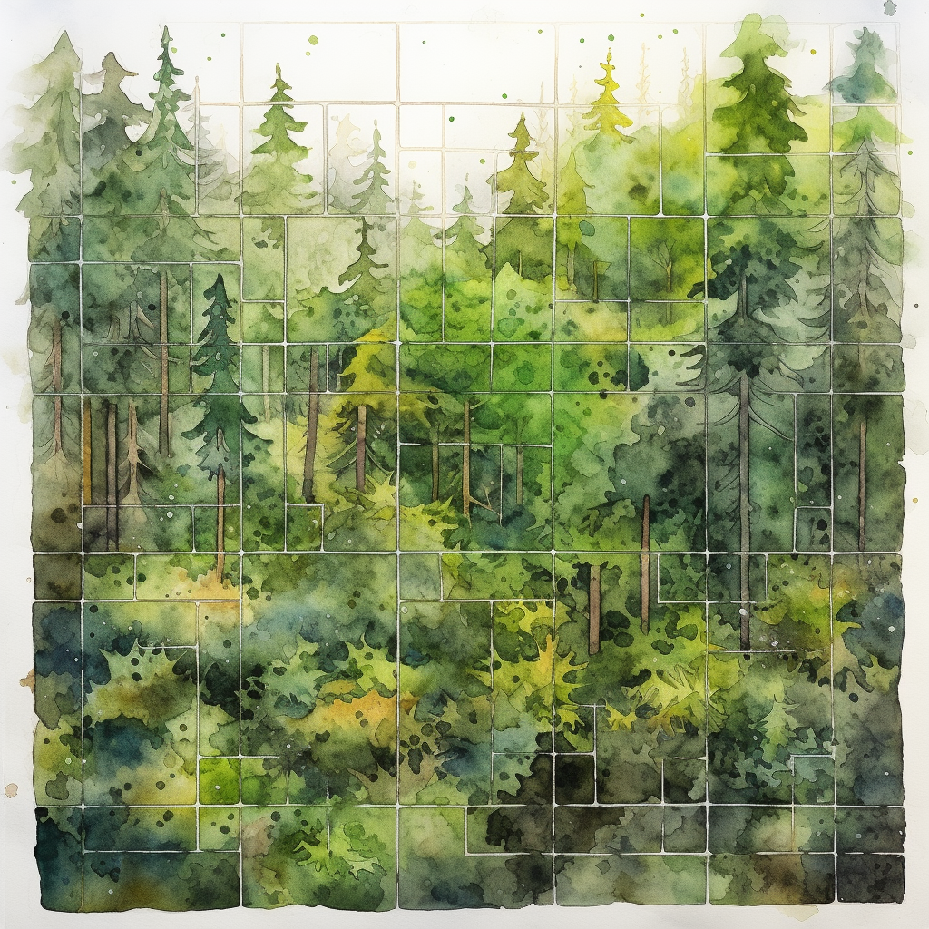 Watercolor forest map on a grid