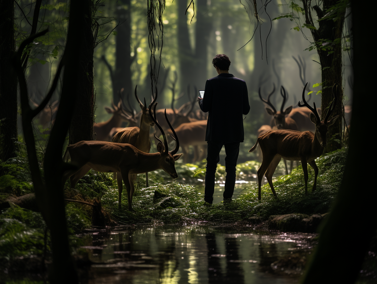 Young man walking with deer in surreal forest