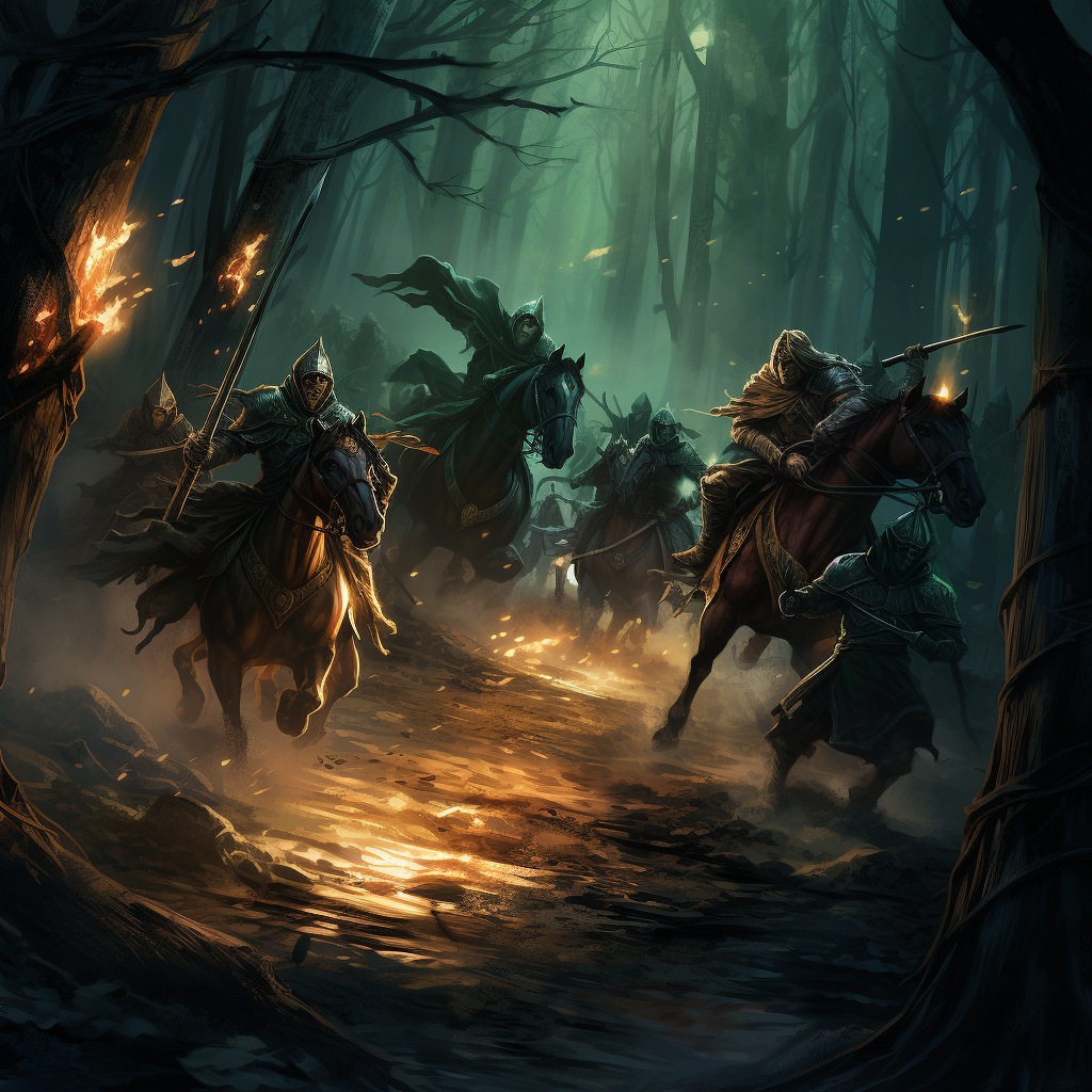 Intense battle between elves and goblins in dark forest