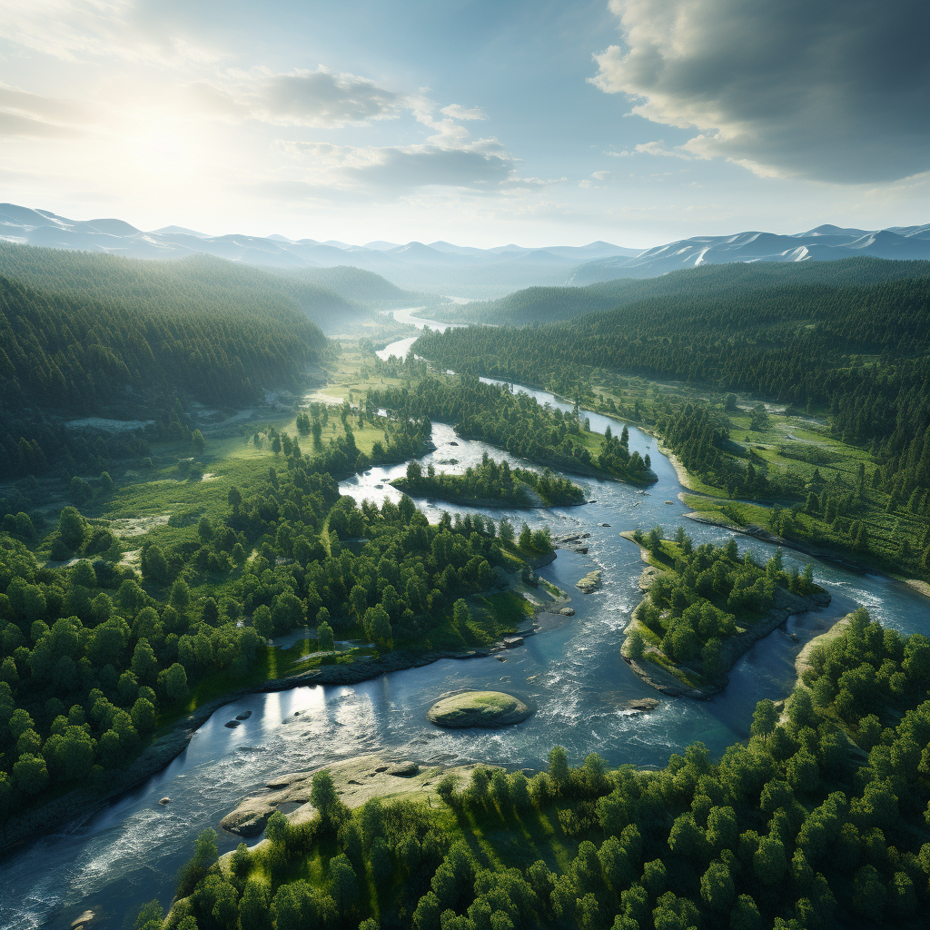 Serene freshwater river flowing through lush forest