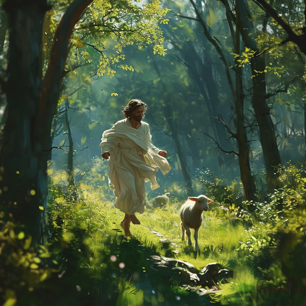 Jesus running behind the lamb in the forest