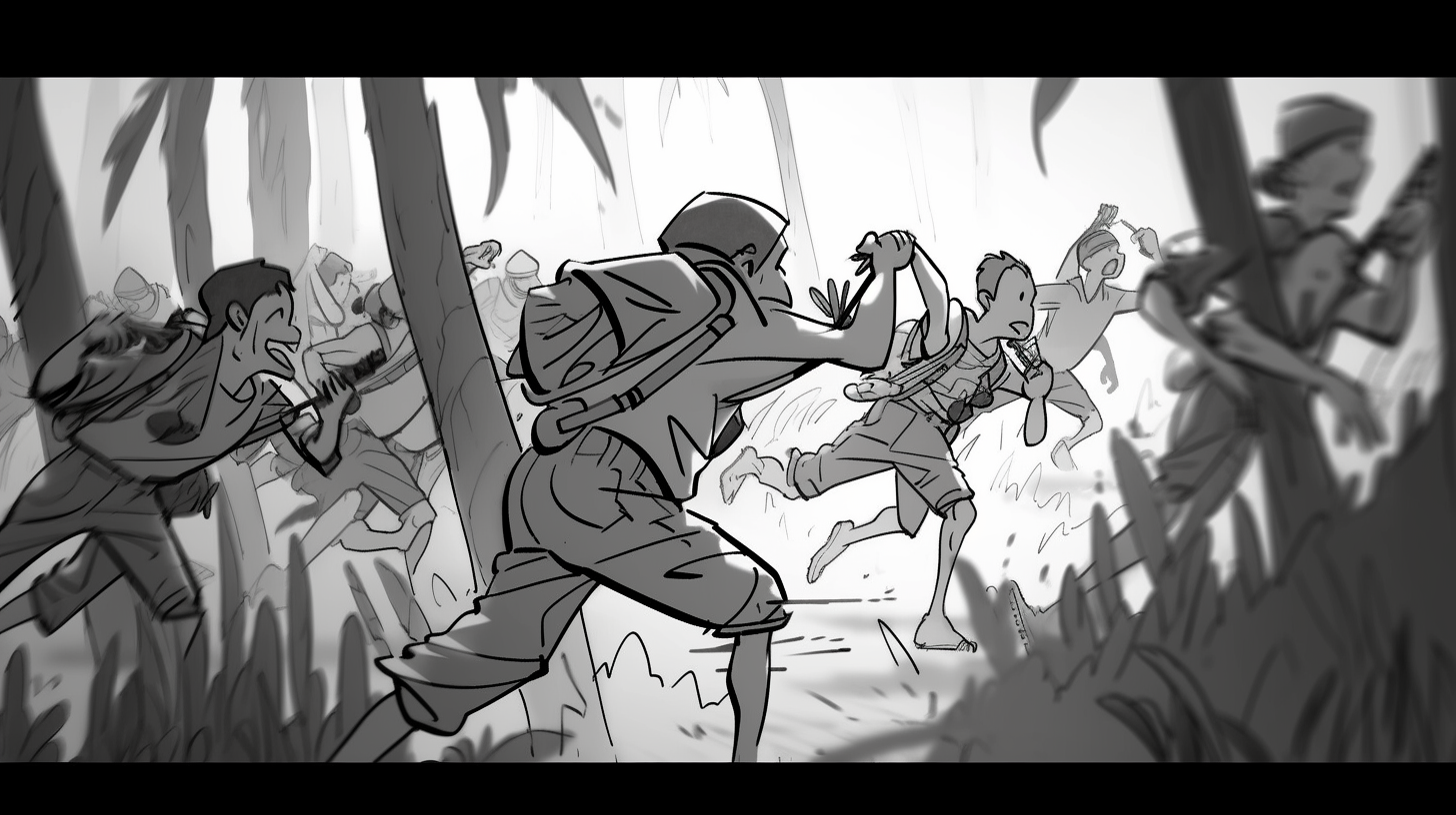 Soldiers running through forest sketch