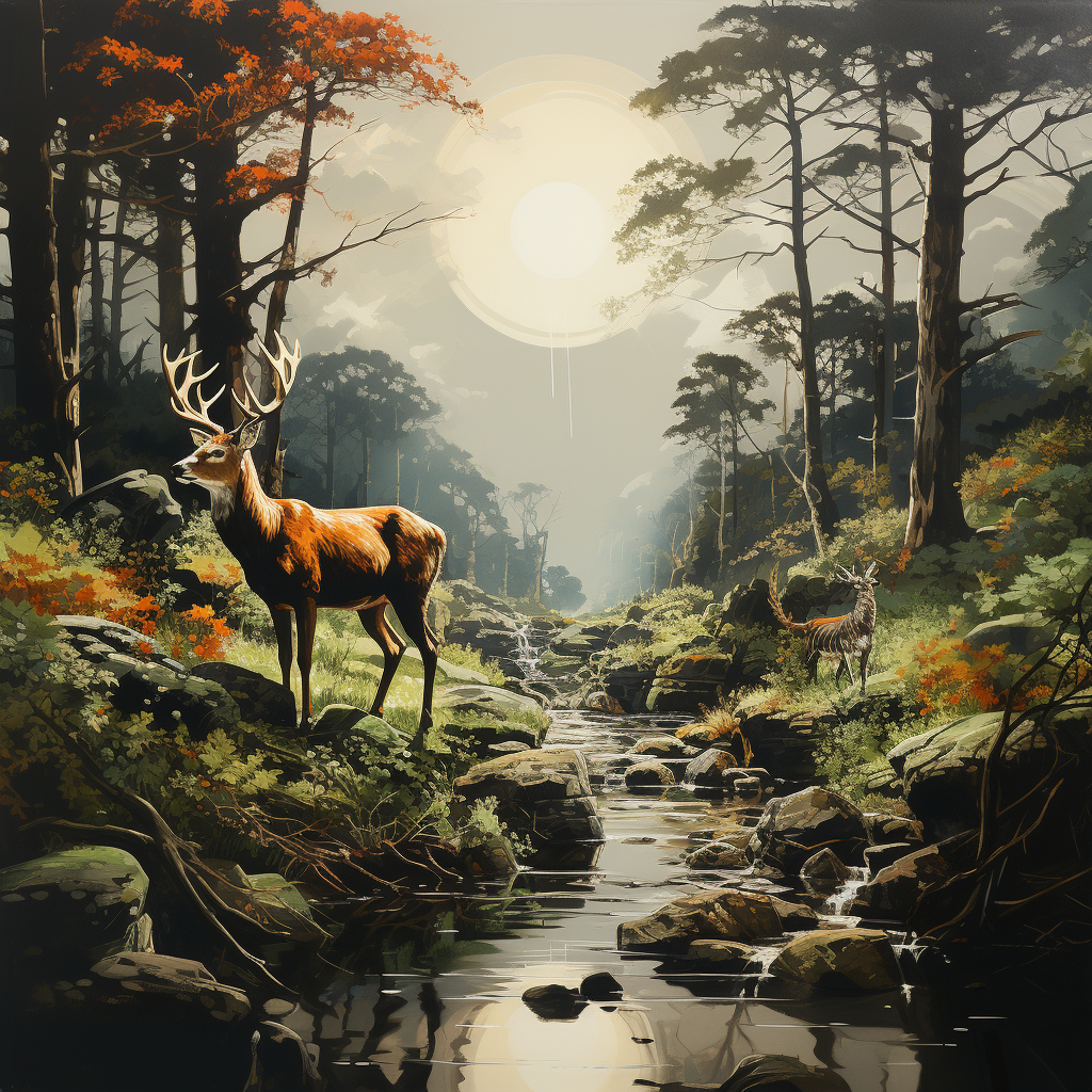 Animals in Framed Forest Scene