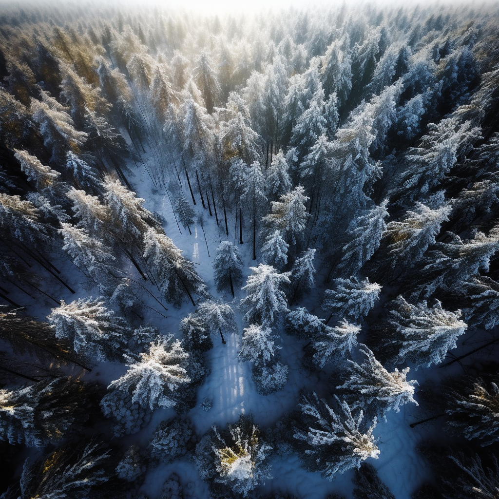 Snowy trees in a sunny forest