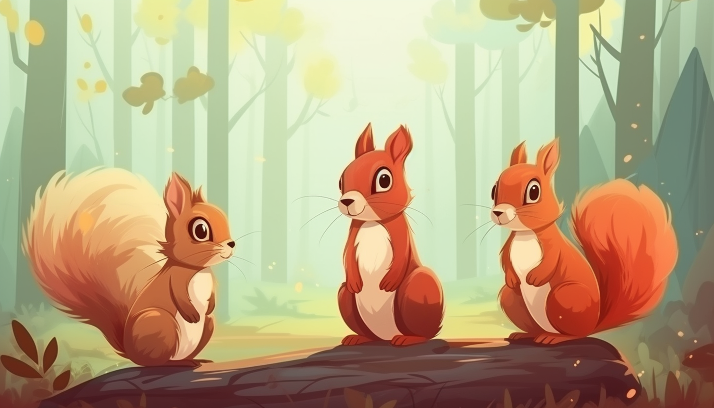 Three cute squirrels playing in the forest