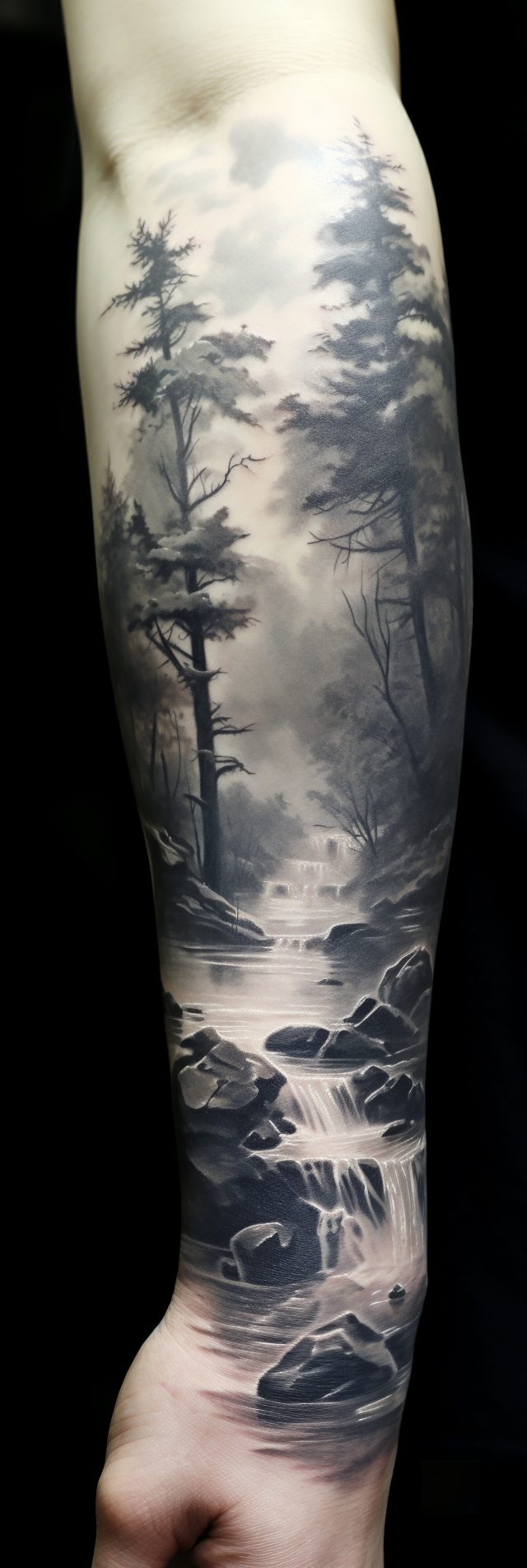 Realistic forest stream tattoo sleeve