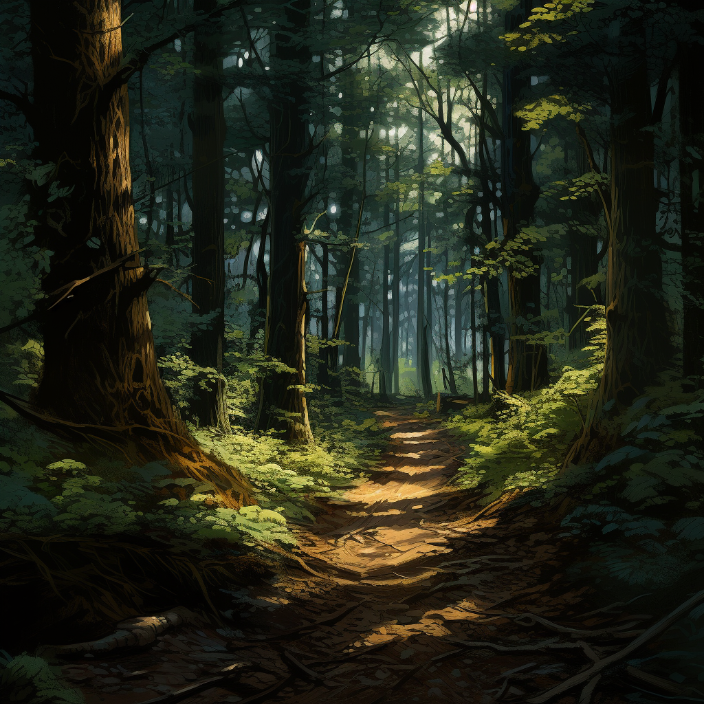 Serene forest pathway with sunlight filtering through trees