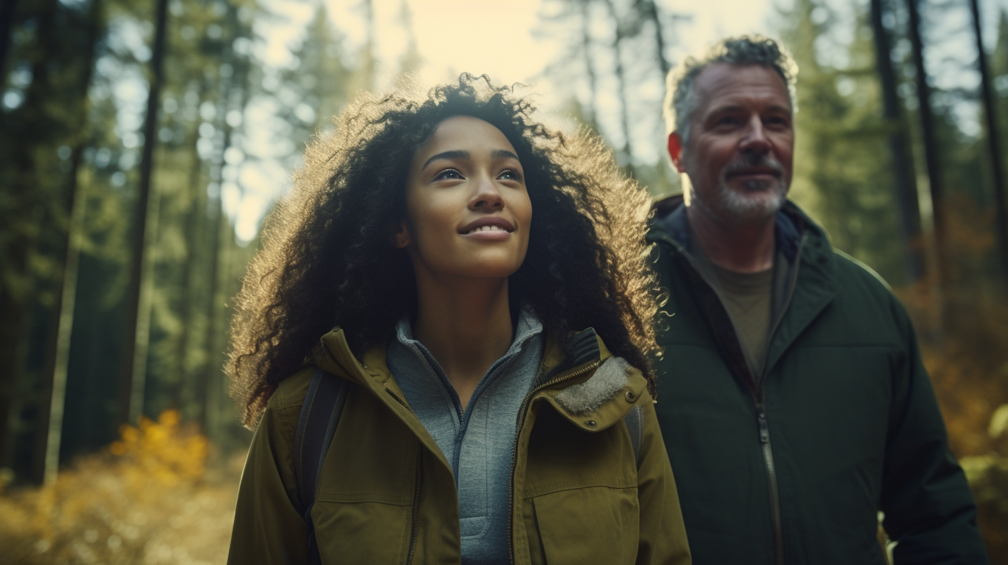 Biracial woman and older man walking through forest