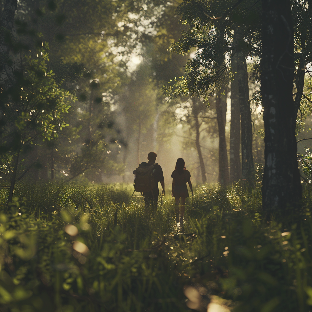 Couple in Forest Morning Stroll