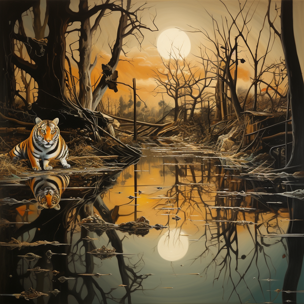 Dilapidated forest with winter pond and tiger