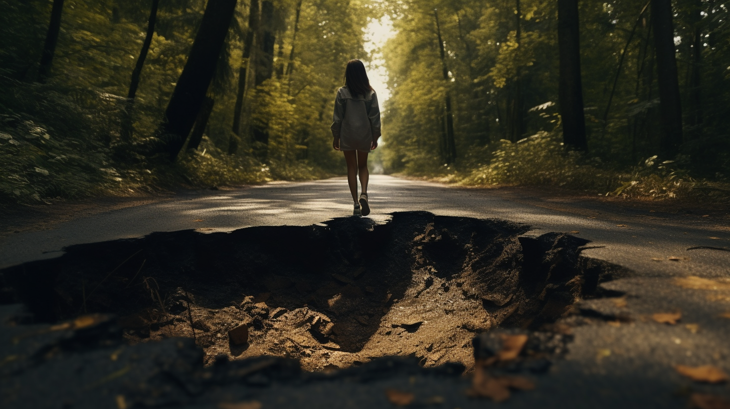 Woman avoiding road holes in the forest