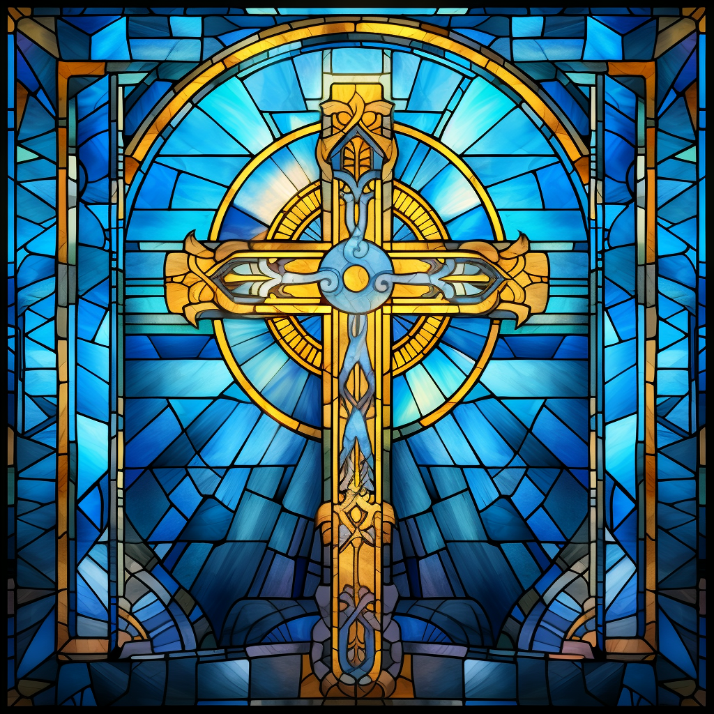 Stained glass cross in blue and gold