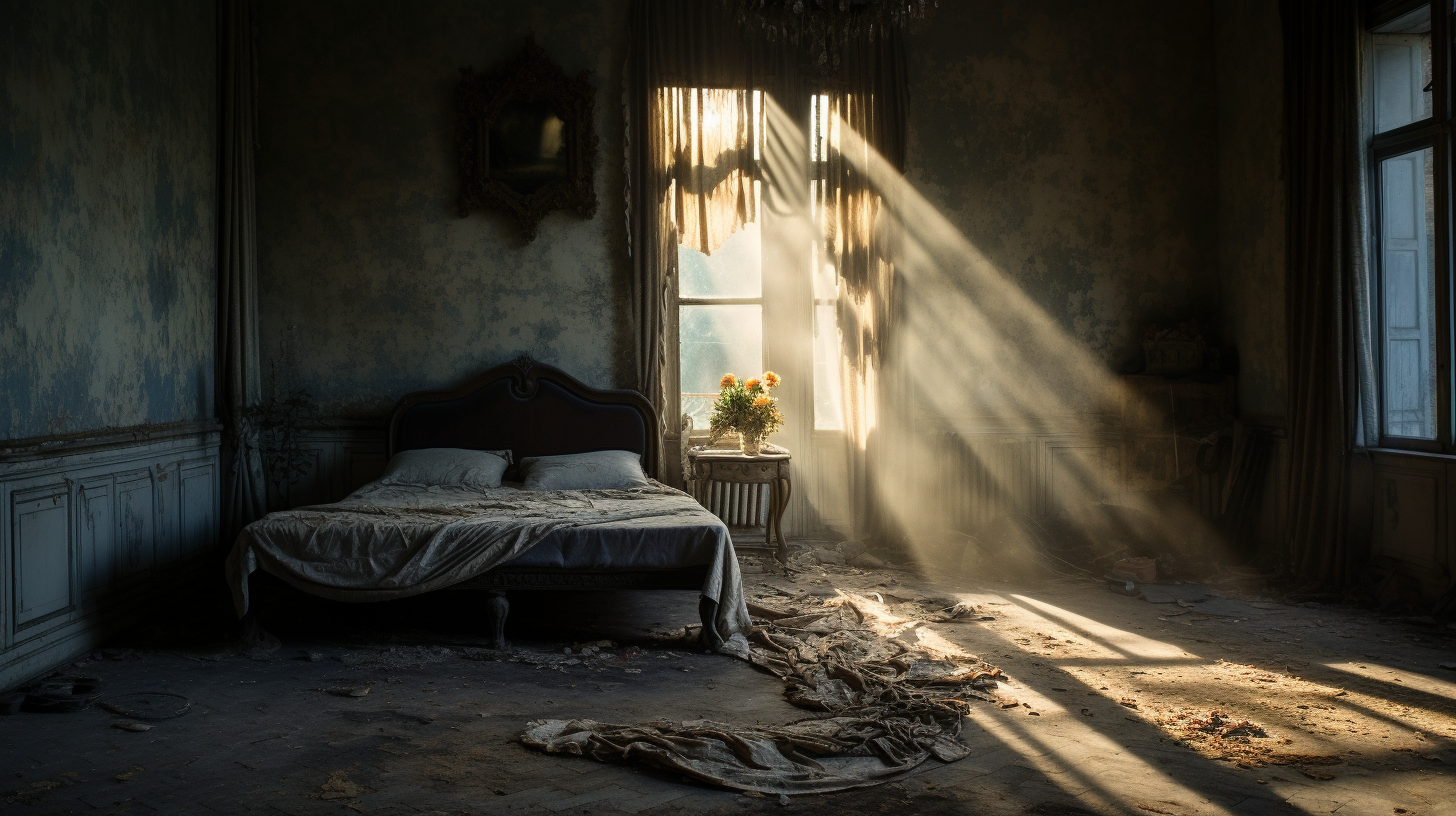 Abandoned bedroom with haunting shadows