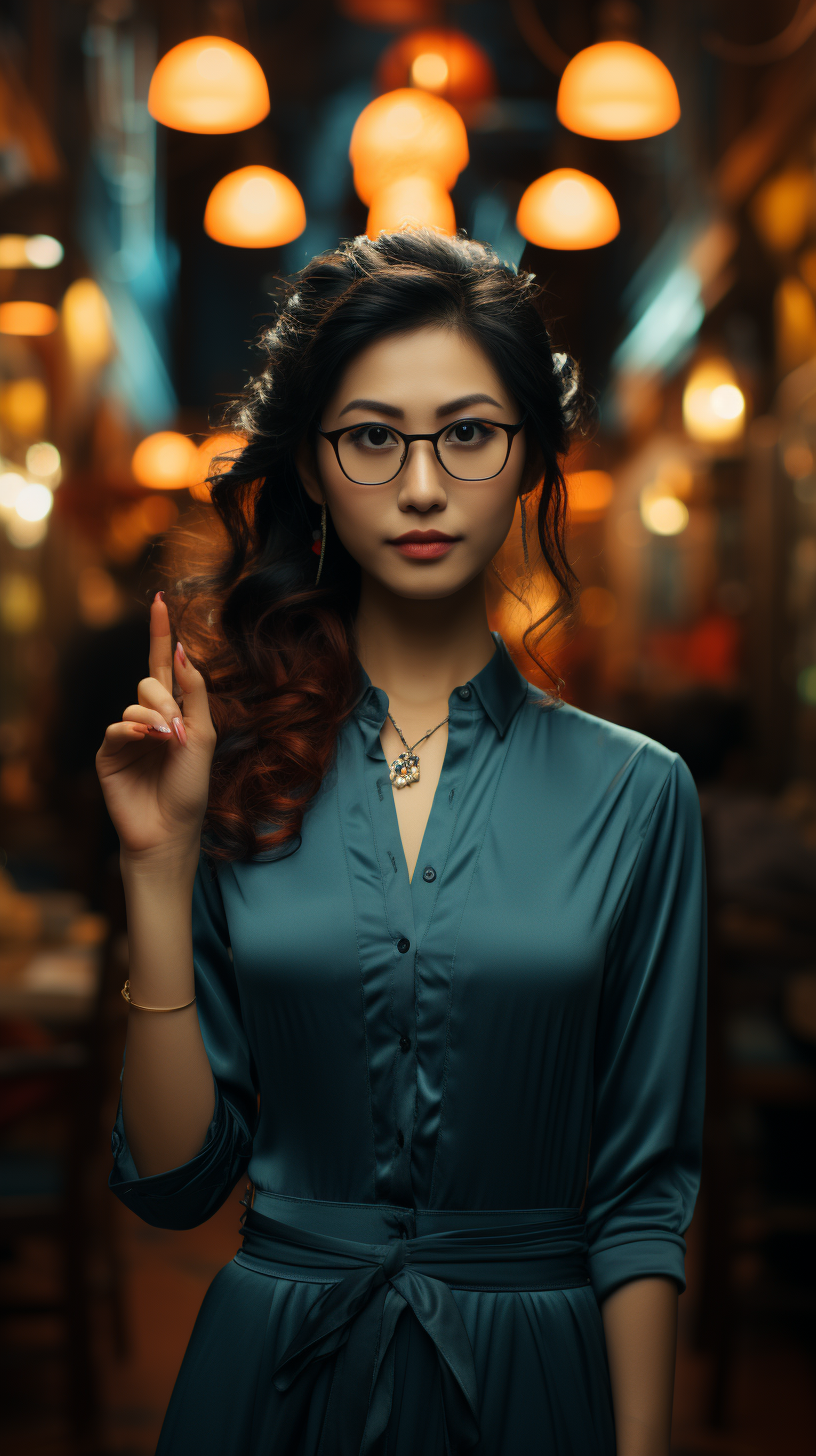 Formal Asian woman holding a phone and gesturing success