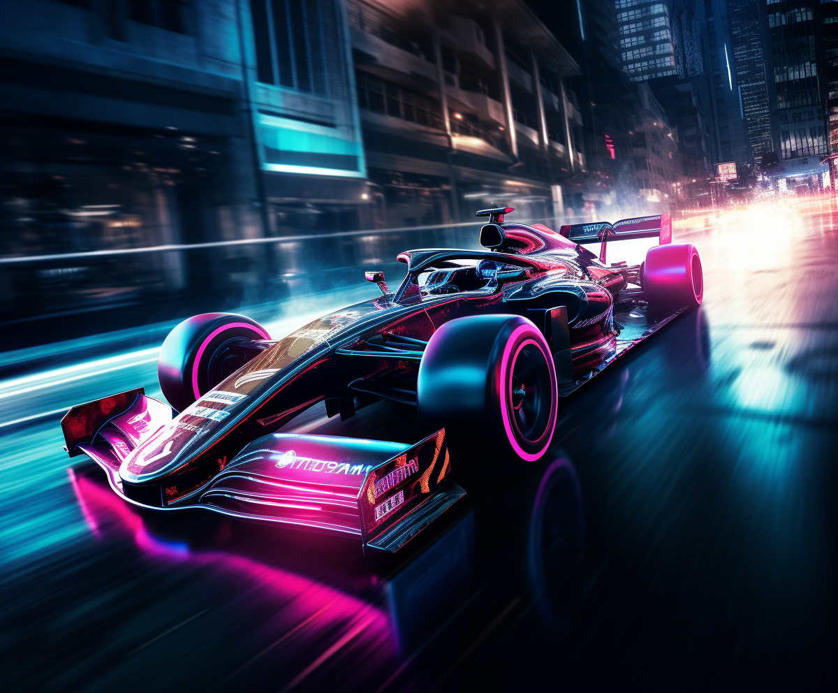 Formula 1 car racing at night with neon lights