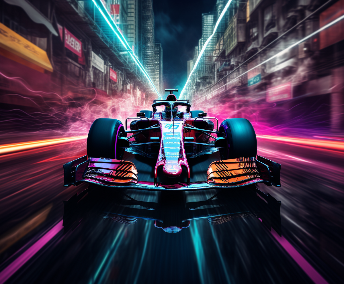 Formula 1 car speeding through neon-lit street at night