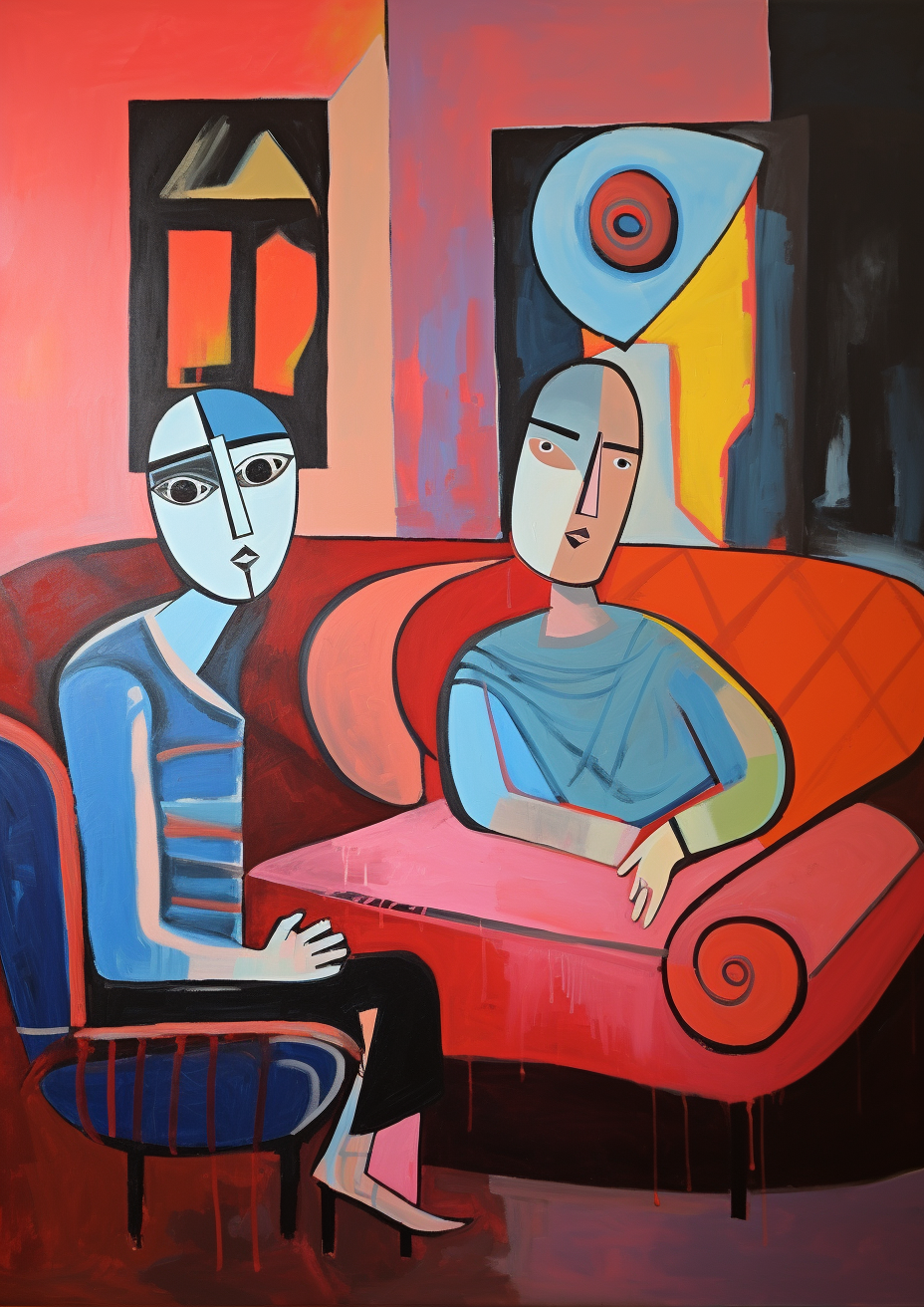 Two people on a couch facing forward in Picasso style