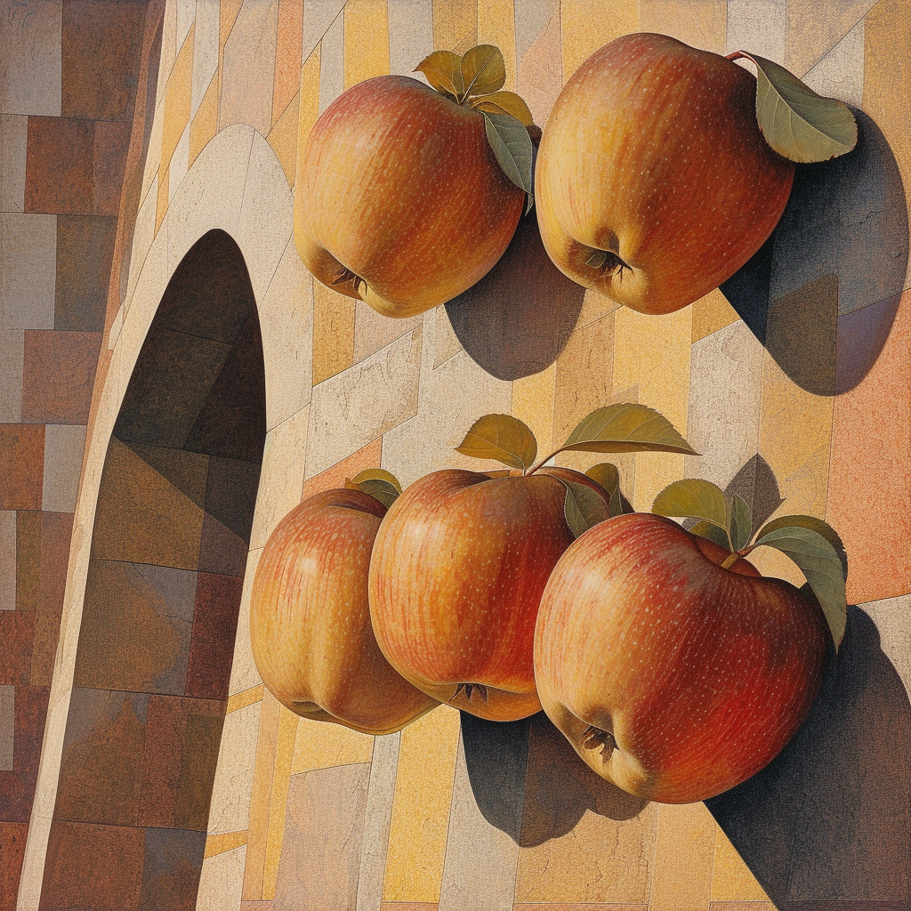 Four apples on castle wall