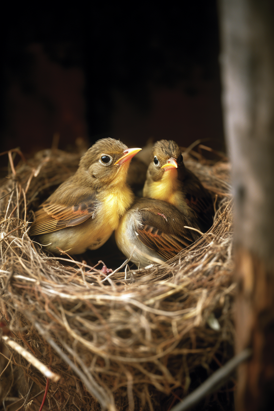 Four birds chirping in a nest