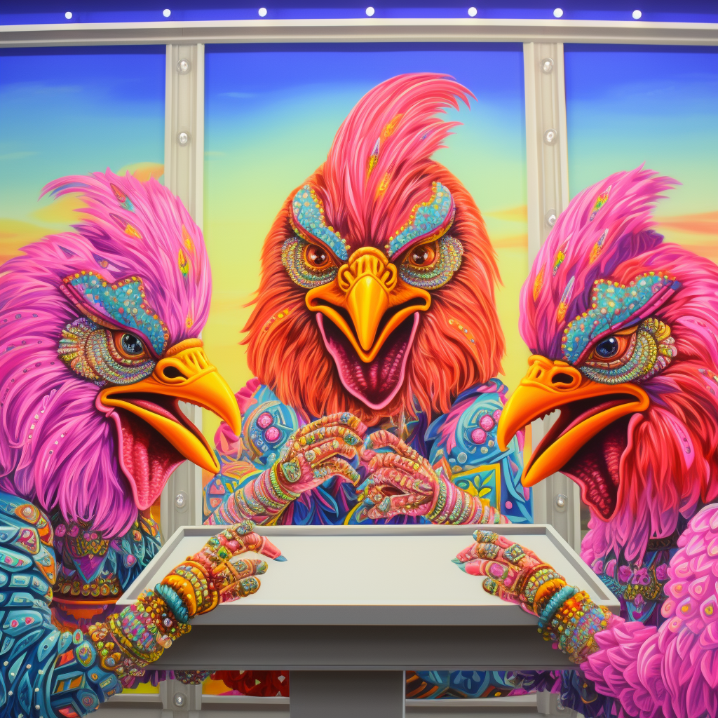 Colorful chickens arguing in nail salon