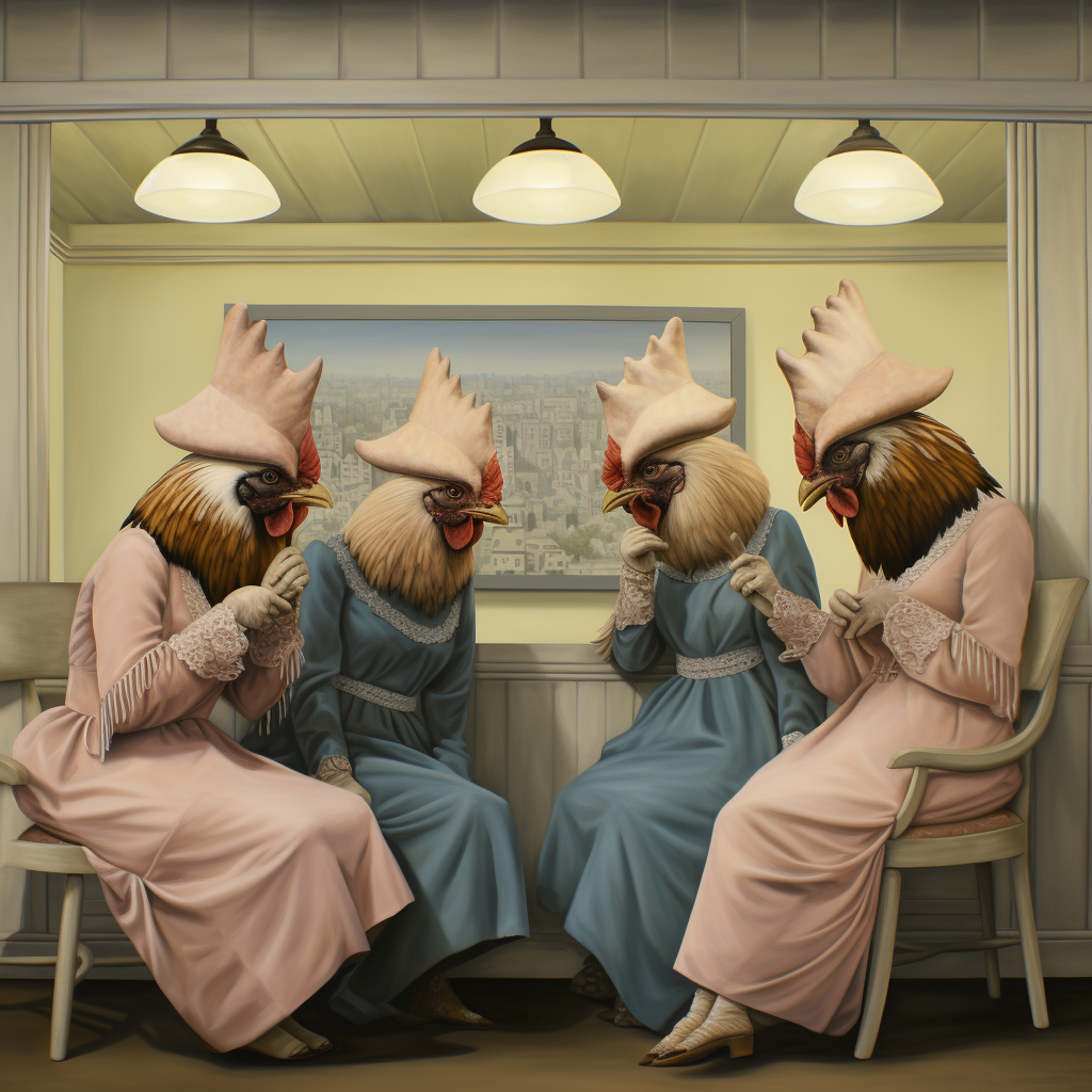 Four chickens arguing in nail salon