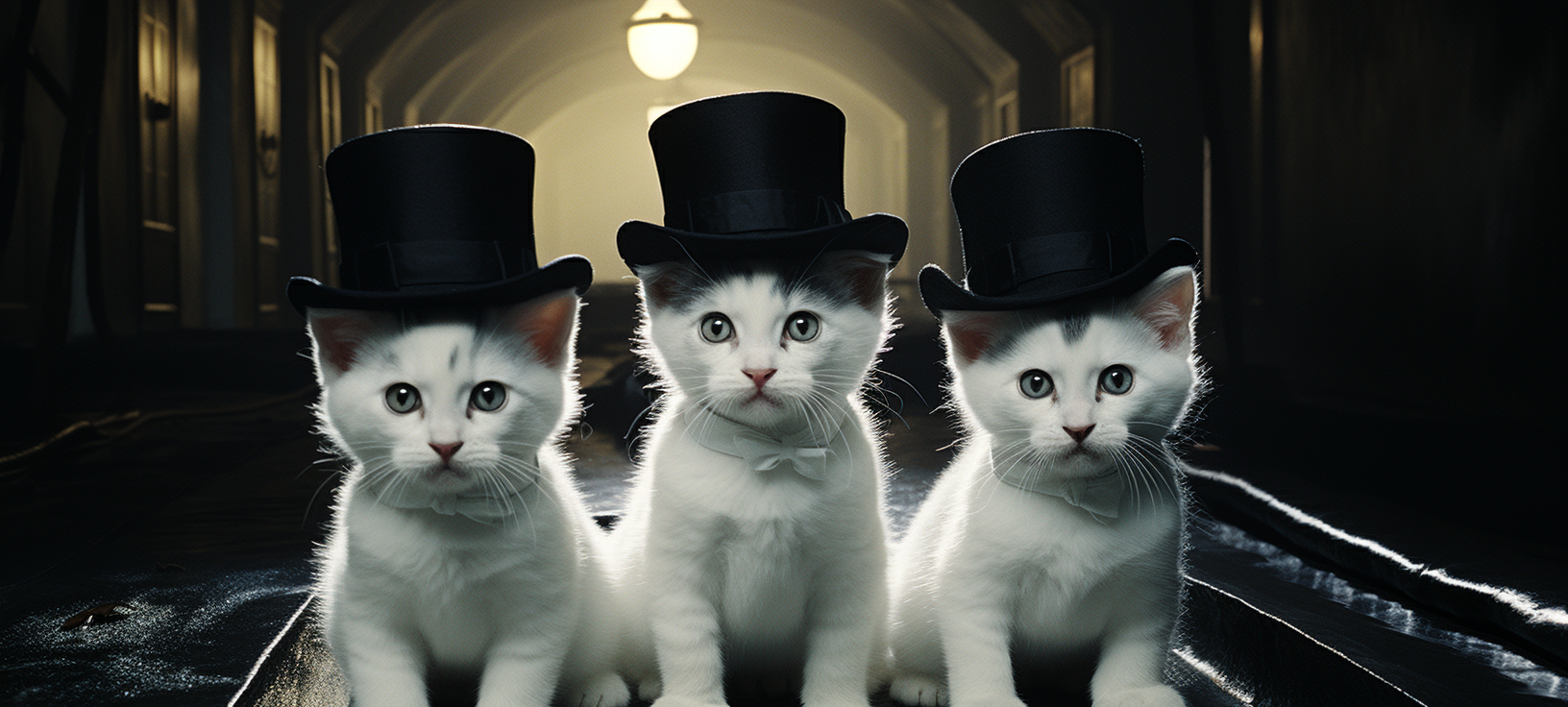 Four kittens in tunnel wearing jumpsuits and top hats