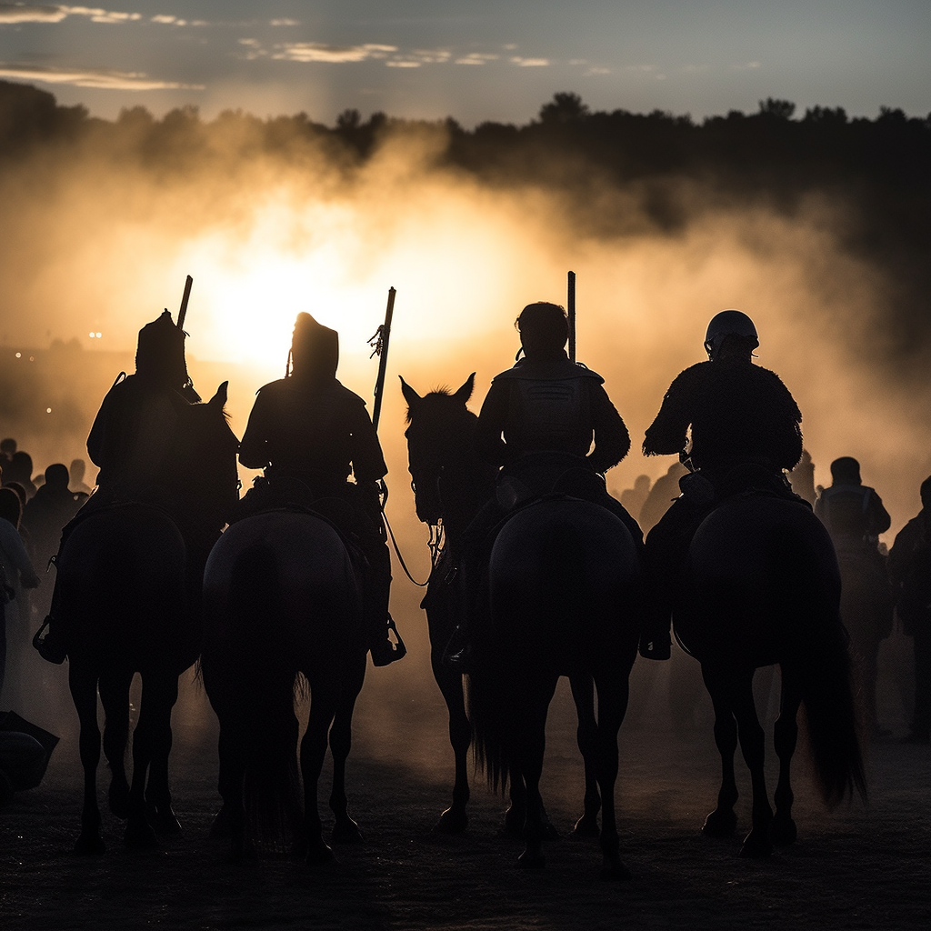 Silhouettes of Four Knights Surrounded by Cheering Crowd