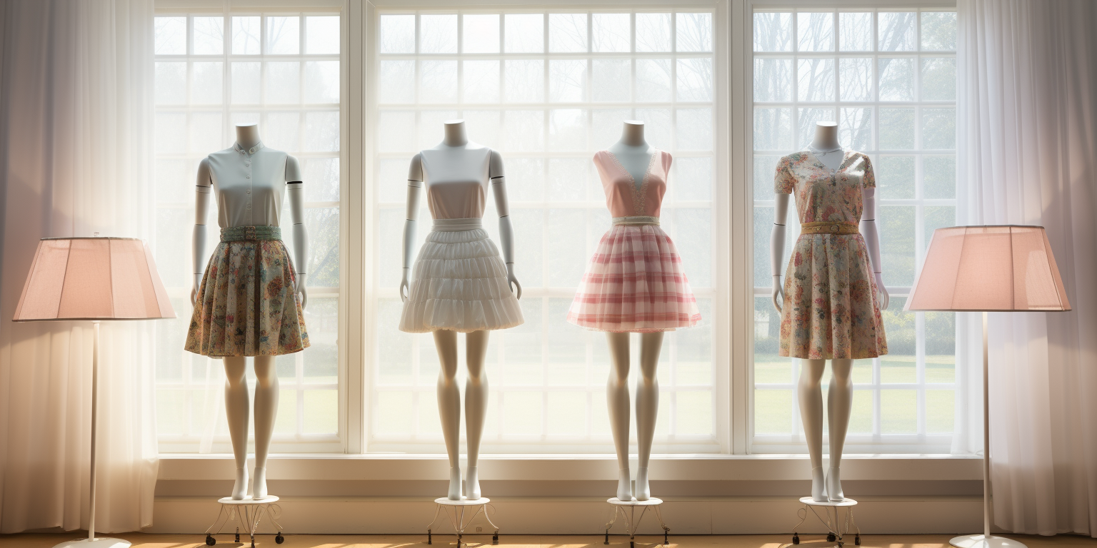 Four mannequins wearing different skirt patterns