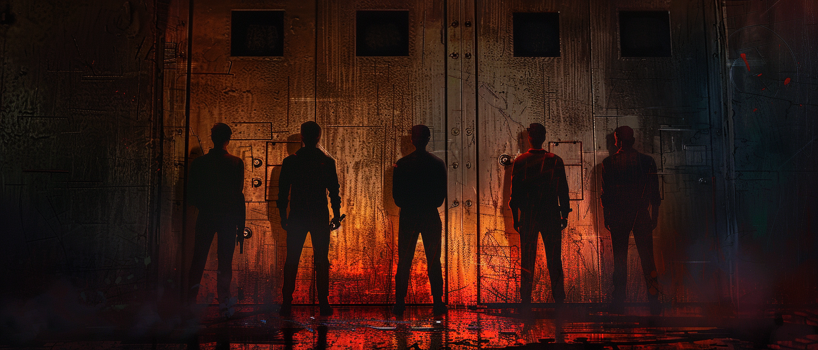 Four men silhouette smoking by steel doors