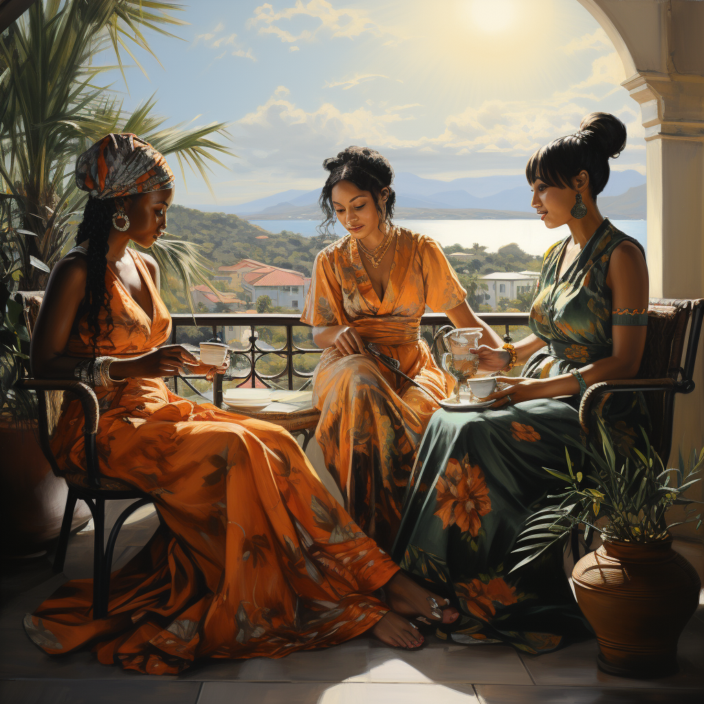 Four women enjoying tea on a balcony with Bahamas view