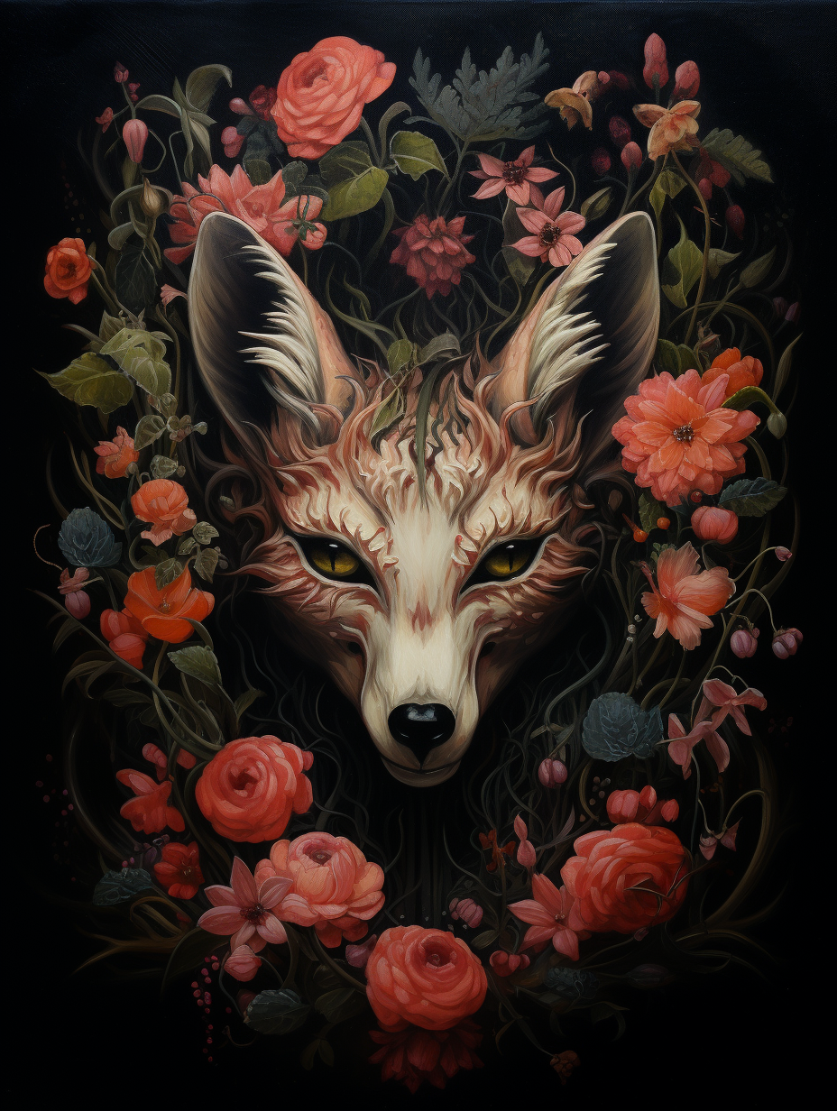 Moody Floral Fox Skull Art