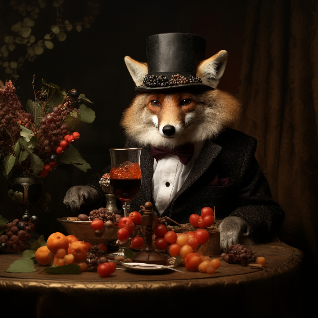 Fox with Top Hat Eating Berries