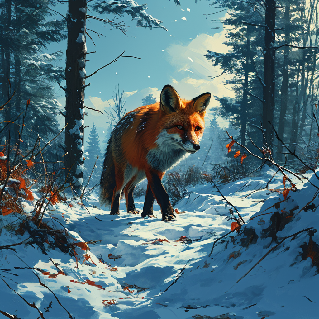 Fox walking through winter forest