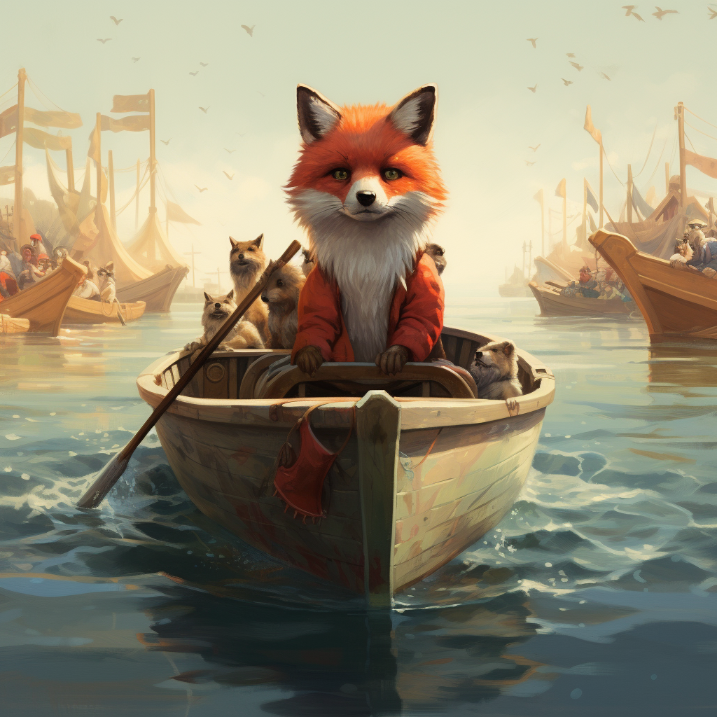 Cute foxes pulling boat