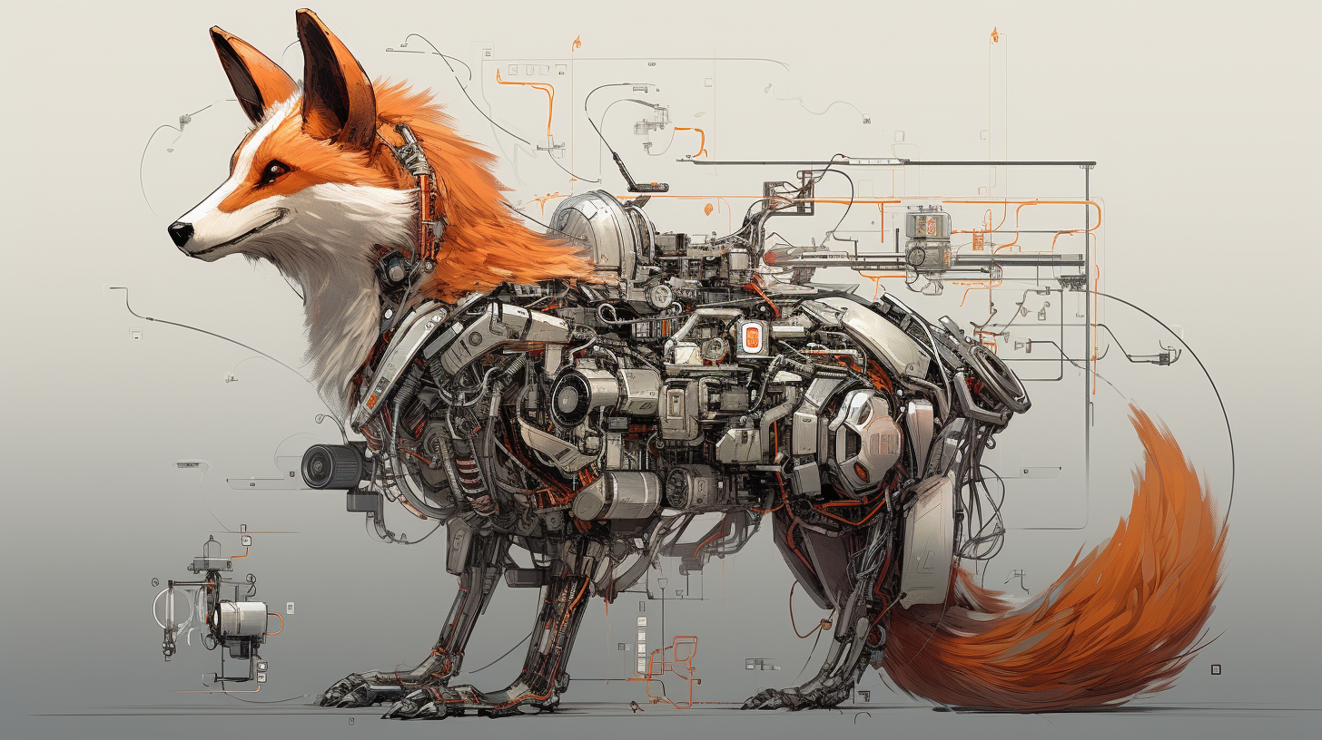 Captivating fox sketch in Ghibli Cyberpunk style  (max 6 words)