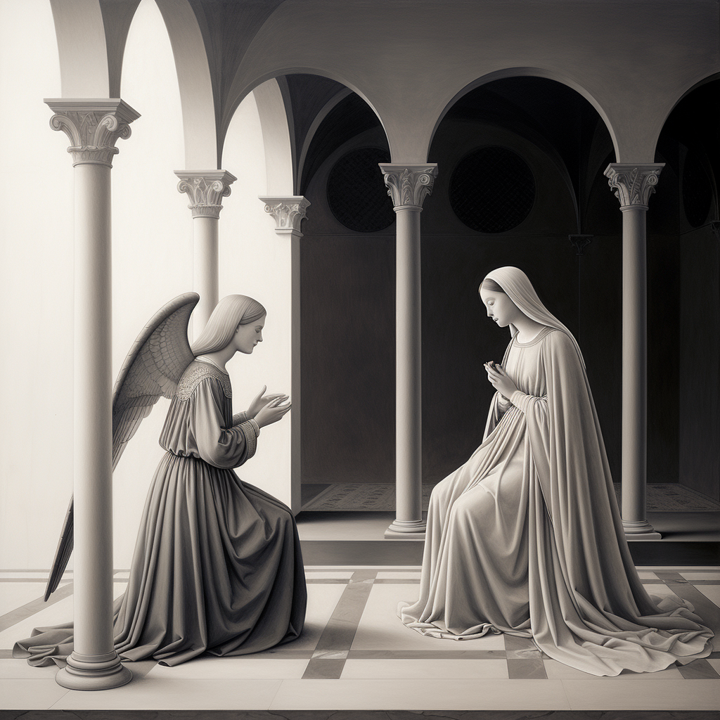 Black and white sketch of Fra Angelico's Annunciation