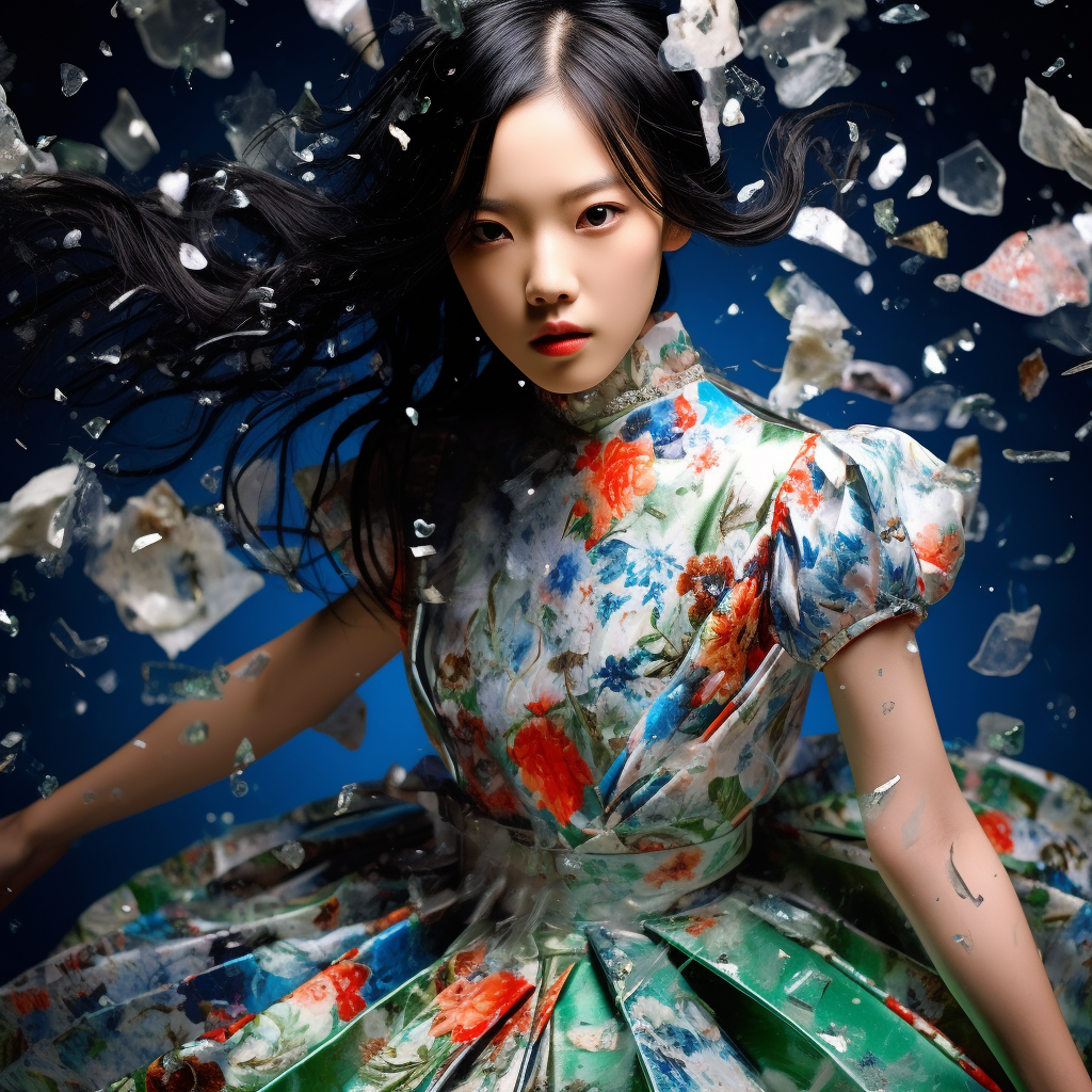 Asian model dancing in fractured porcelain