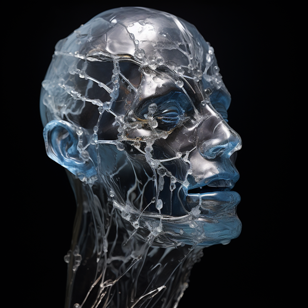 Exquisite fragile human head sculpture made of ice