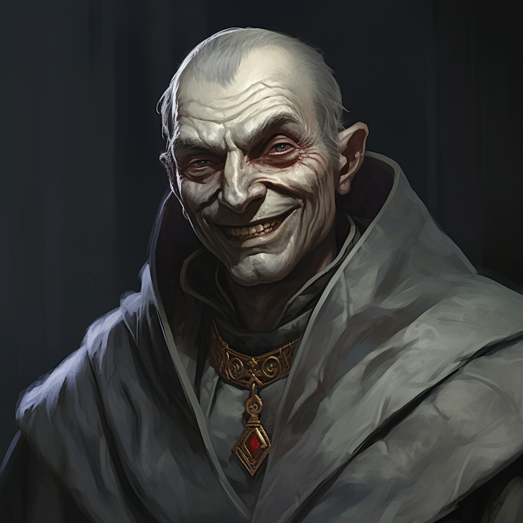 A frail, grey-skinned mage with crazy eyes