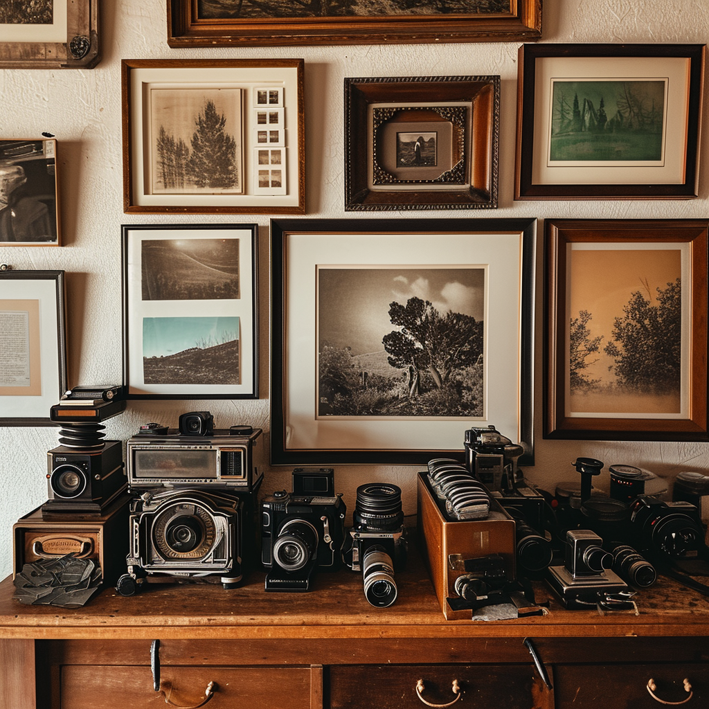 Collection of framed artwork on a wooden desk with cameras and film rolls